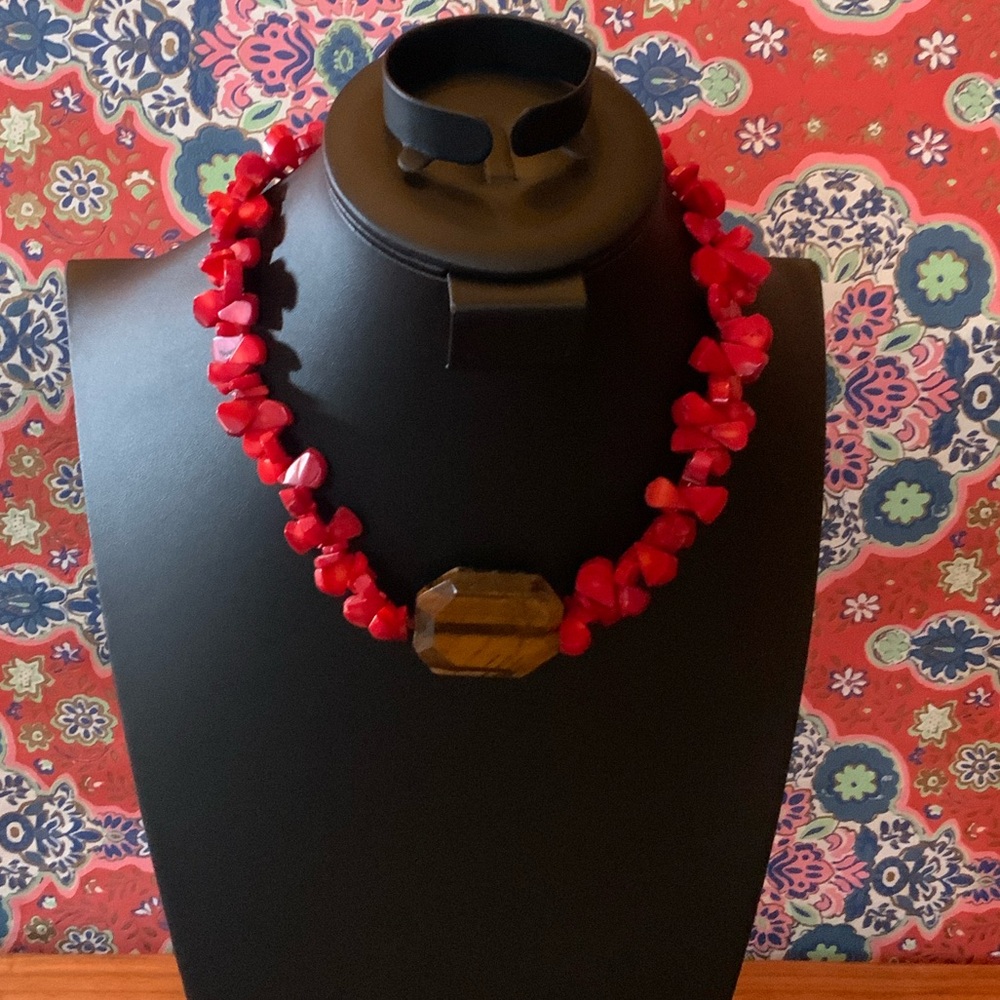 Vibrant Red Bamboo Coral Necklace with Tigers Eye Statement Pendant